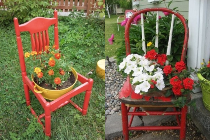 Креативная клумба на дачу из старого стула - фото