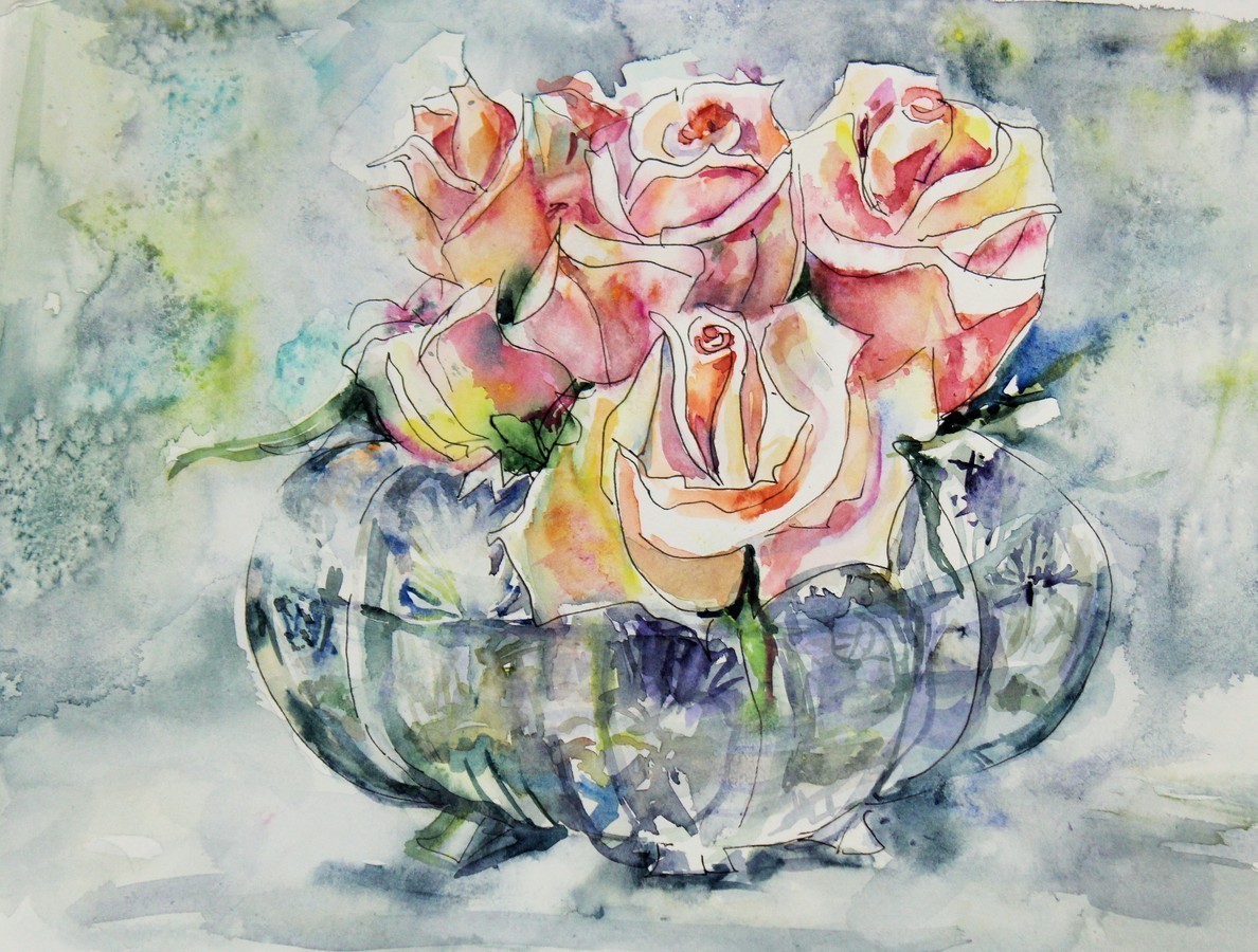 Линер и акварель цветы розы